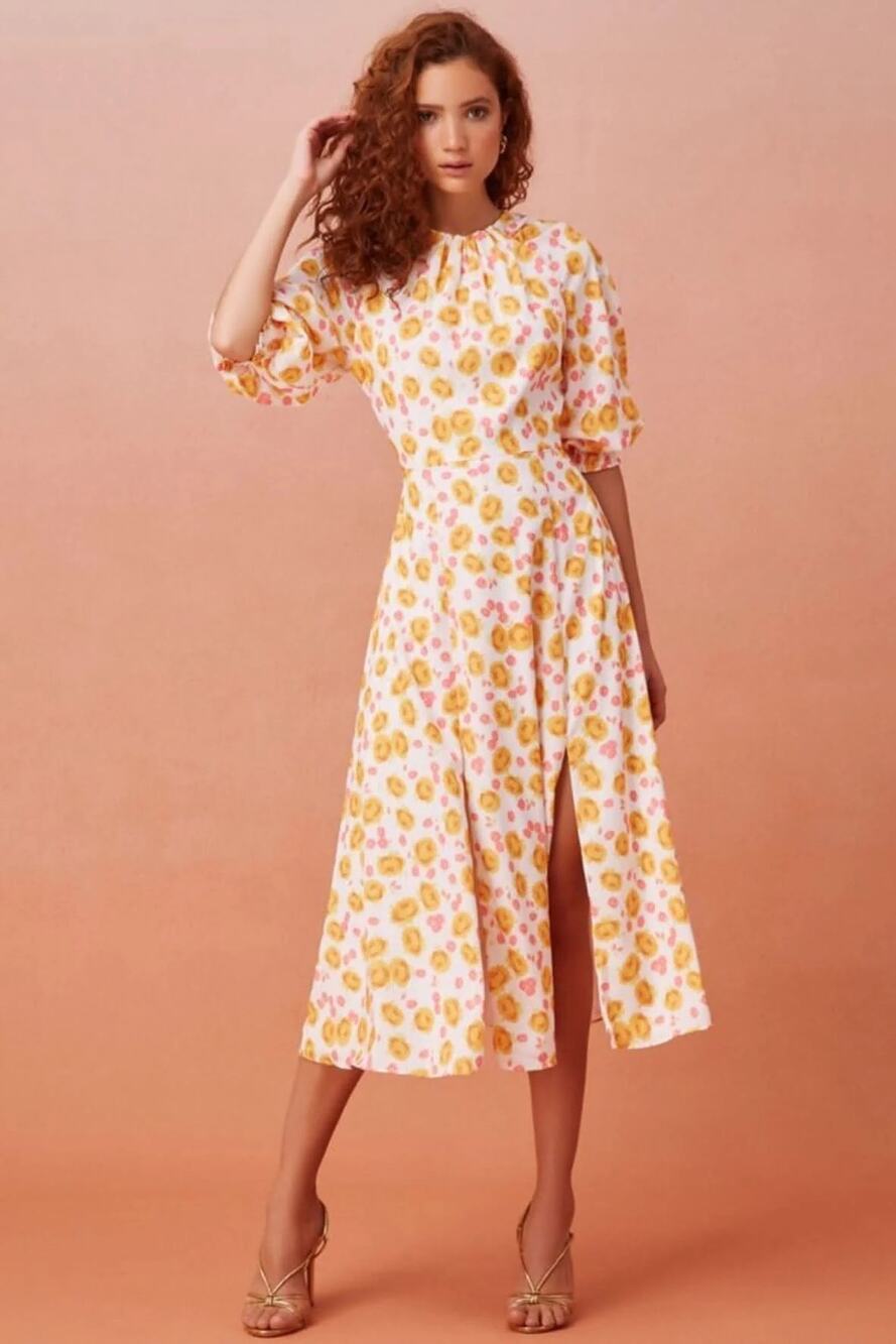 Keepsake Yellow Pink Floral Short Sleeve Midi Dress Size Medium